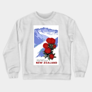 Vintage Travel Poster New Zealand Rata Blossom Franz Josef Glacier Crewneck Sweatshirt